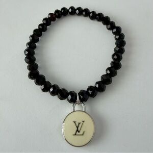 Upcycled Stretchy Black Beaded Charm Bracelet with Dangle White Charm and Round